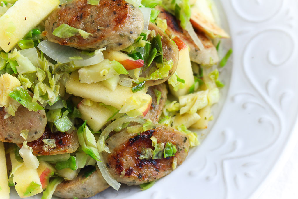 Sautéed Brussels Sprouts with Apples and Chicken Sausage via RDelicious Kitchen @RD_Kitchen