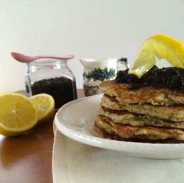 Lemon Poppy Seed Pancakes with a Blueberry Sauce via RDelicious Kitchen