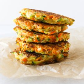 Zucchini Carrot Fritters - Brighten up fritters with a healthy twist. Add these Zucchini Carrot Fritters as a nutritious and delicious side dish for dinner and freeze a batch to enjoy later. via Chef Julie Harrington, RD @ChefJulie_RD #fritters #zucchini #carrot #plantbased #sidedish #glutenfree