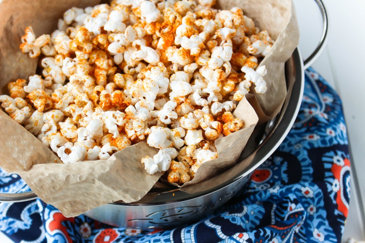 Vegan cheesy popcorn in a bowl
