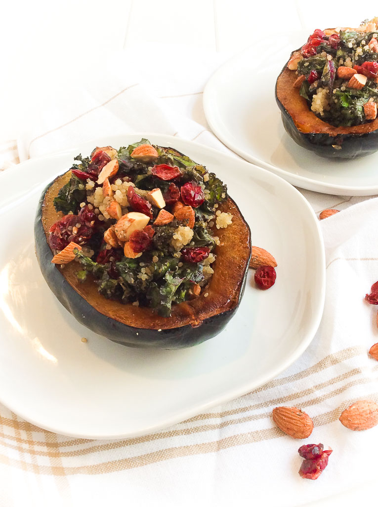 Kale, Quinoa, and Cranberry Stuffed Acorn Squash via RDelicious Kitchen @RD_Kitchen
