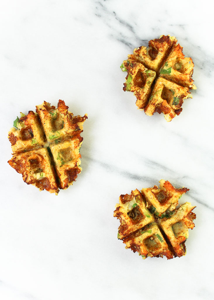 cauliflower waffles on a marble slab