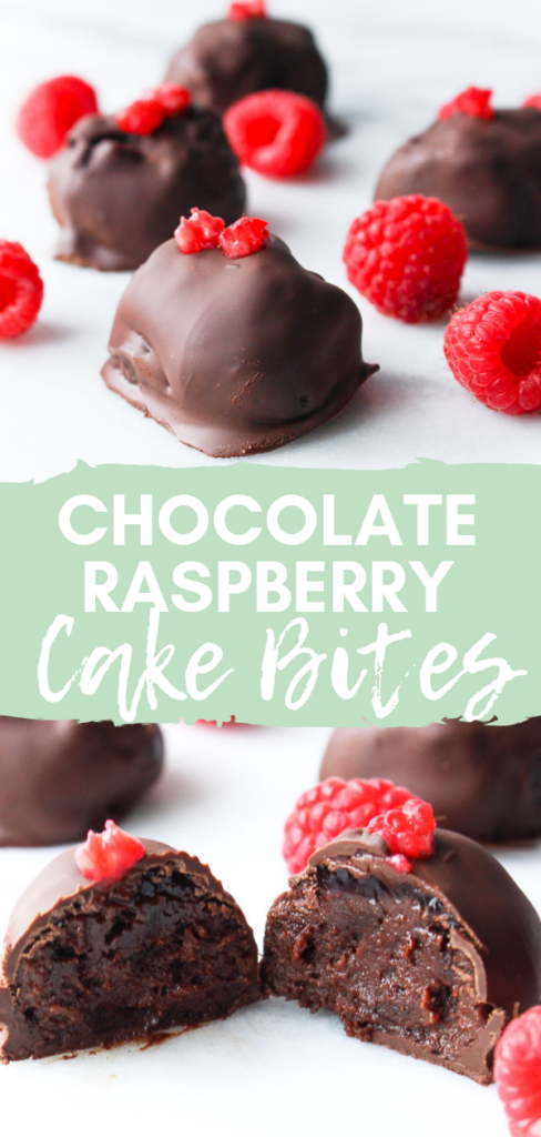 Chocolate Raspberry Cake Bites via Chef Julie Harrington @ChefJulie_RD #raspberry #cake #chocolate #cakebites #bitesize #dessert