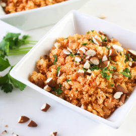 Spanish-Style Cauliflower Rice in a white square bowl