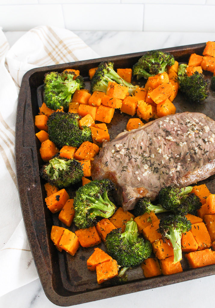 steak with veggies on a sheet pan