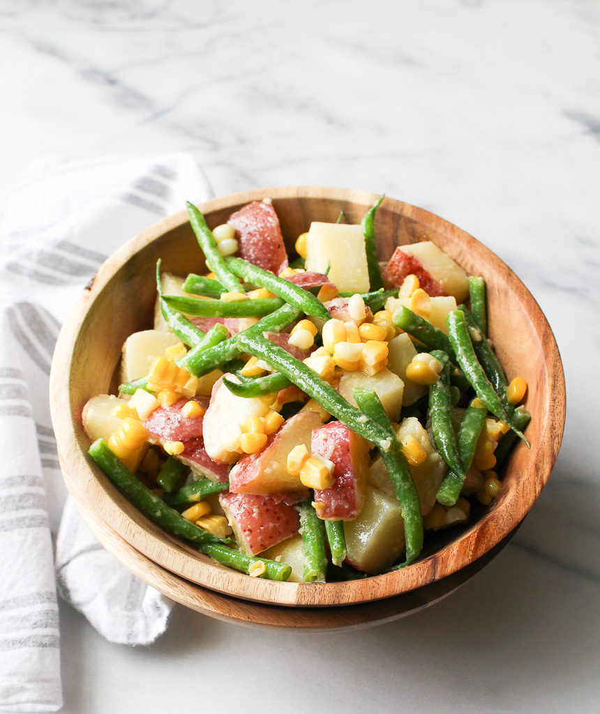 Green Bean Potato Salad in a wooden bowl