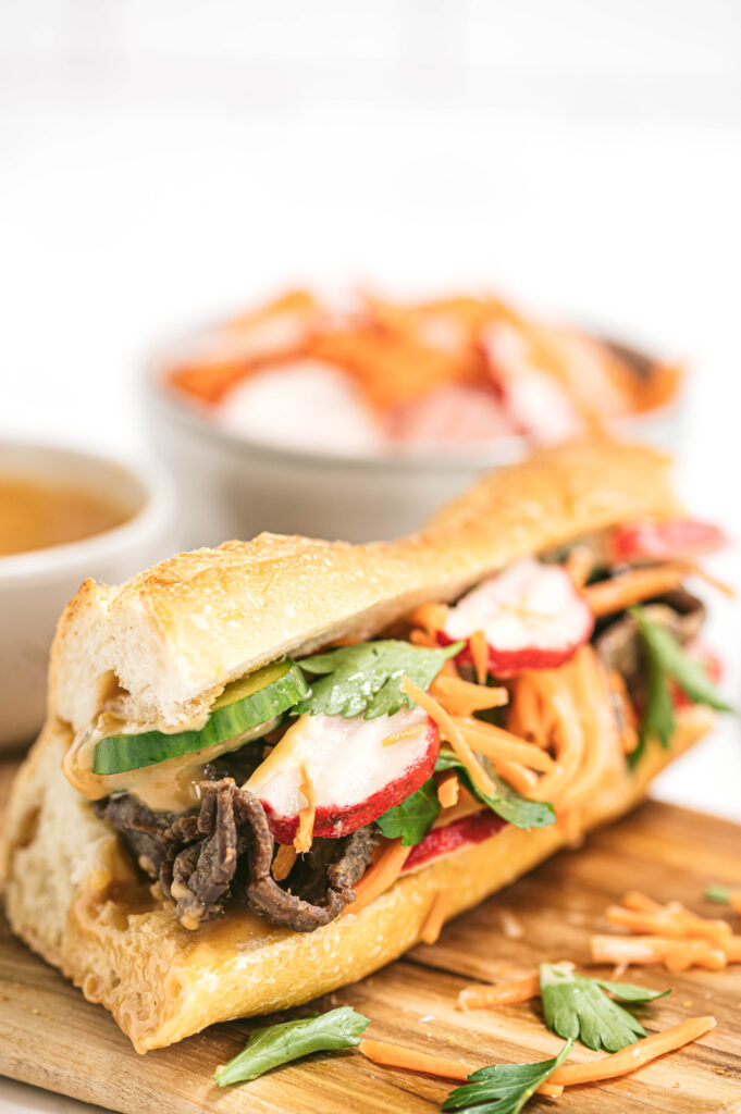 Close up image of a Beef Banh Mi sandwich